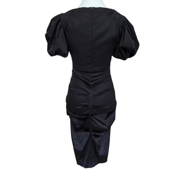 NWT Cache Satin Elegant Black Puff Sleeve Midi Dress Size 6 - Picture 4 of 10